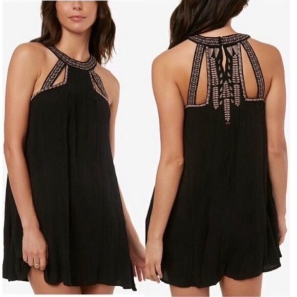 O'Neill Black Tribal Embroidered Halter Swing Dress Size Large - Picture 1 of 10
